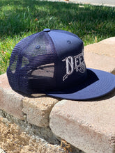 Load image into Gallery viewer, Navy and White Off Shift Trucker Hat
