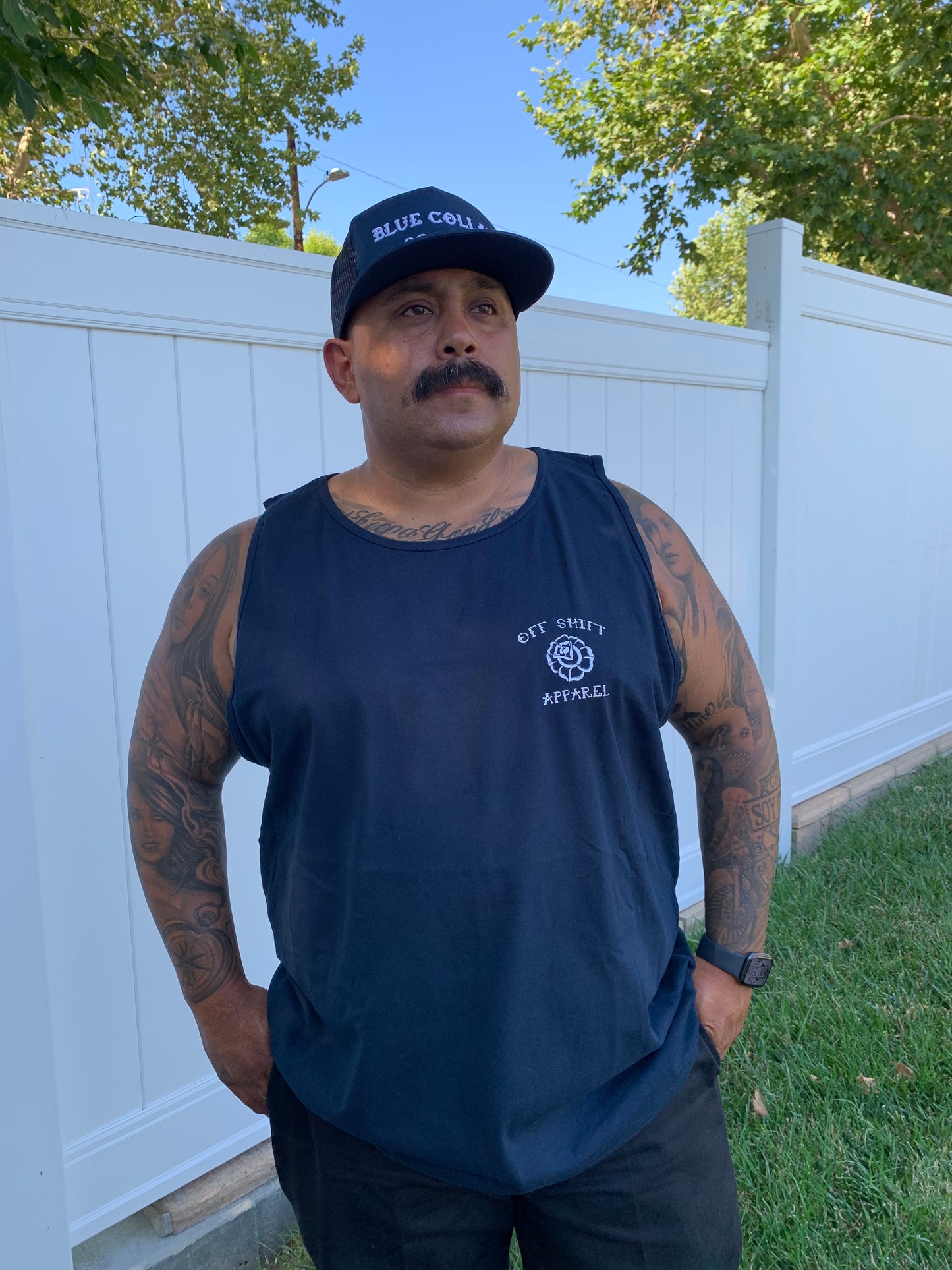 Off Shift Navy and White Praying Hands Tank Top